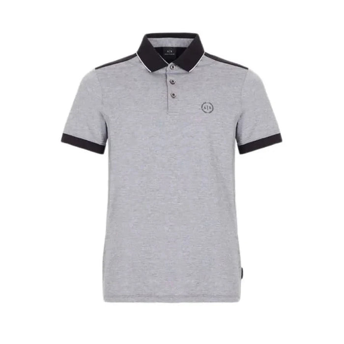 Gray Armani Exchange polo shirt with black collar, trim, and small chest logo