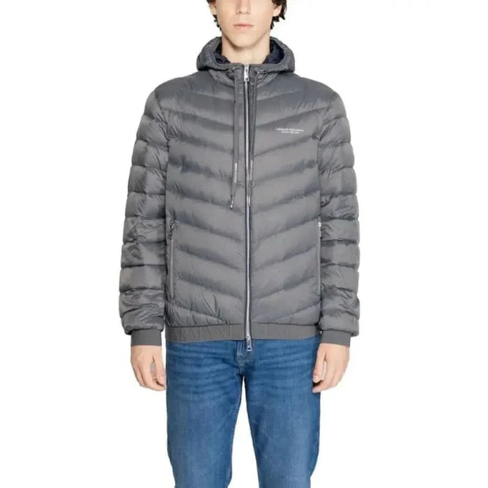 Gray quilted puffer jacket with a hood and zipper closure from Armani Exchange Men Blazer