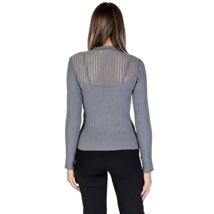 Gray ribbed long-sleeve sweater with sheer back panel by Morgan De Toi for women