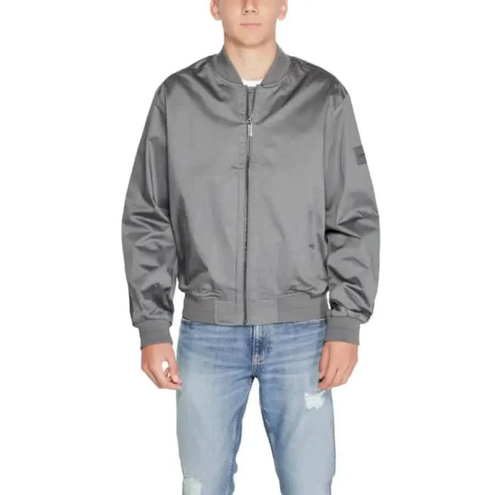 Gray satin bomber jacket with zipper front from Calvin Klein Men