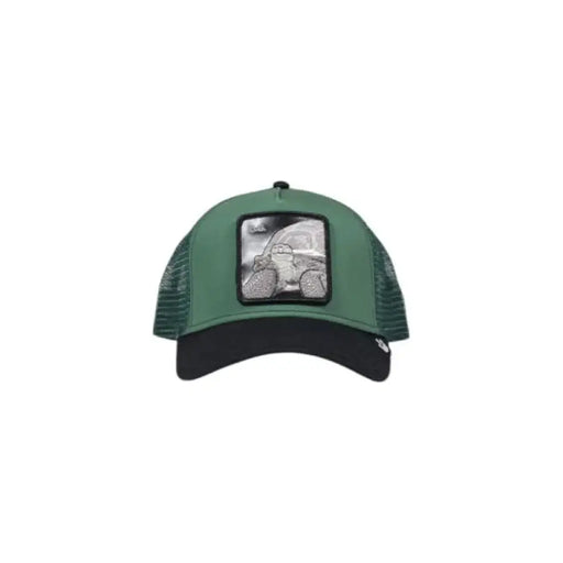 Green and black trucker-style baseball cap featuring a tractor patch by Goorin Bros