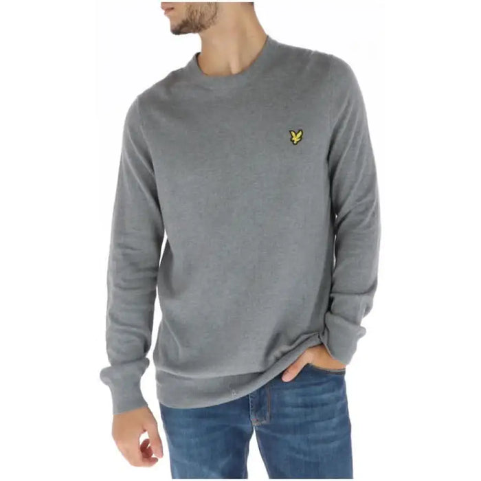 Grey crew neck sweater featuring yellow Lyle & Scott eagle logo for men