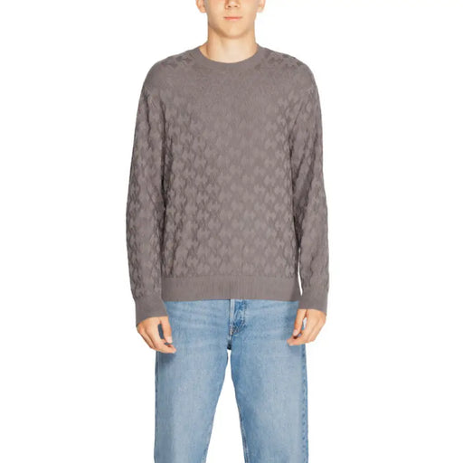 Grey textured crewneck sweater with geometric knit pattern from Armani Exchange