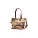 Handbag featuring a cityscape design and brown leather straps from Y Not Women Bag