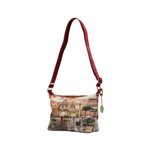 Handbag with cityscape print and red strap in Y Not? Women Bag collection