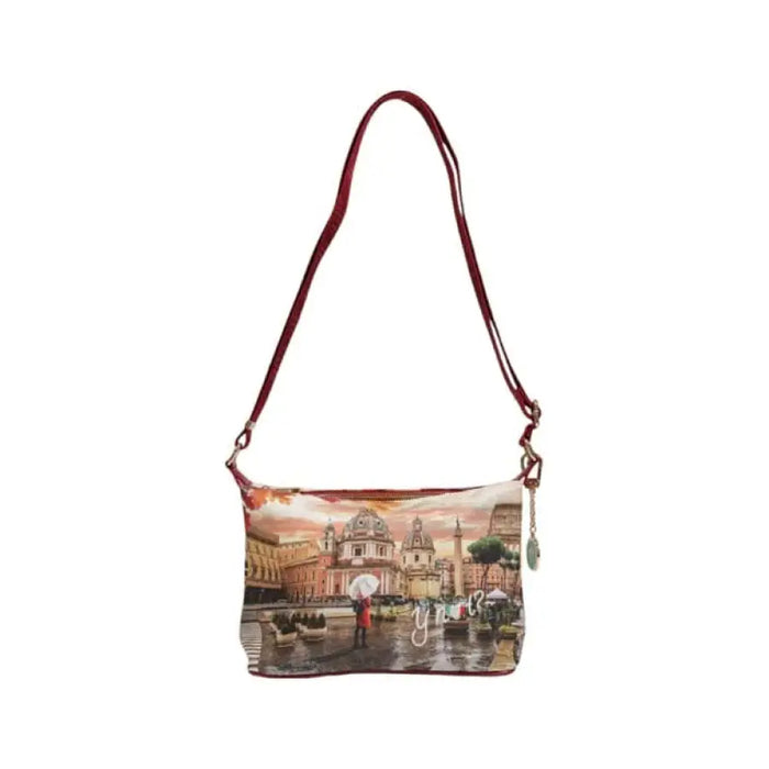 Handbag with cityscape print and red leather strap by Y Not Women Bag