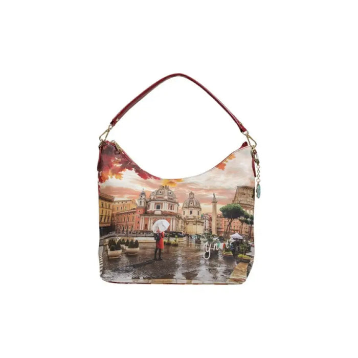 Handbag featuring a printed cityscape scene on a rainy day by Y Not? Women Bag