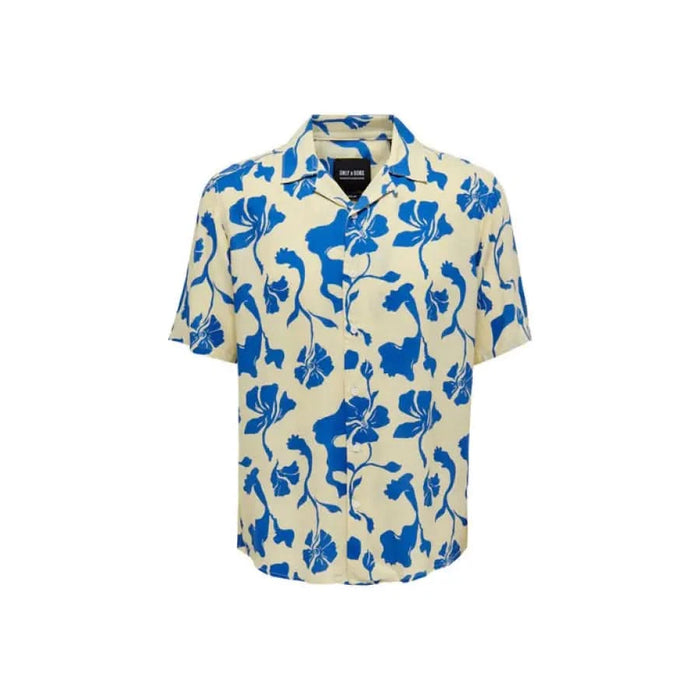 Hawaiian-style short-sleeved shirt in blue floral pattern on cream background by Only & Sons