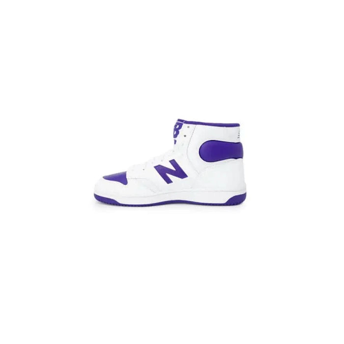 White and purple high-top New Balance women’s sneakers with prominent ’N’ logo