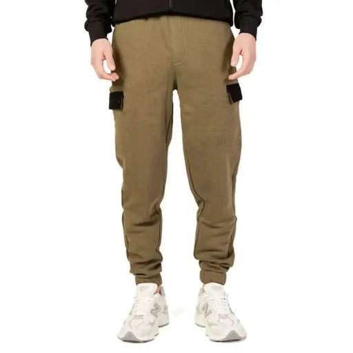 Fila Men Trousers featuring khaki cargo jogger pants with side pockets and elastic cuffs