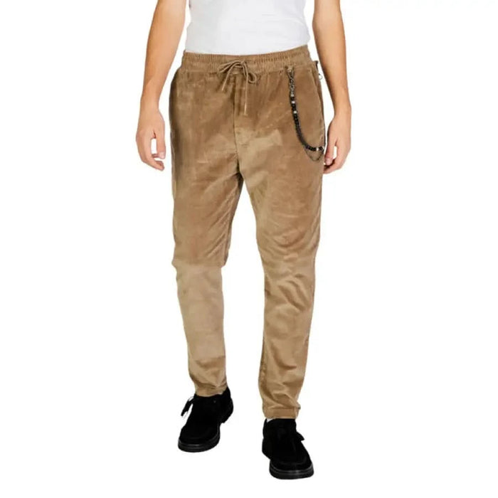 Khaki jogger pants with drawstring waist and chain detail from Gianni Lupo Men Trousers