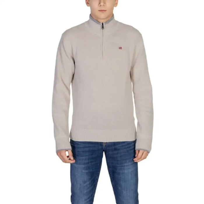 Light beige quarter-zip pullover sweater with logo emblem from Napapijri Men’s Knitwear