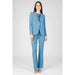 Light blue Rinascimento women pantsuit featuring single-button blazer and flared trousers