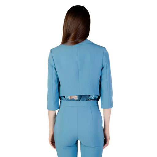 Light blue Rinascimento women blazer with three-quarter length sleeves, back view