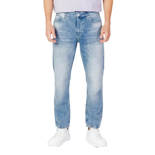 Light blue straight leg denim jeans by Calvin Klein for men