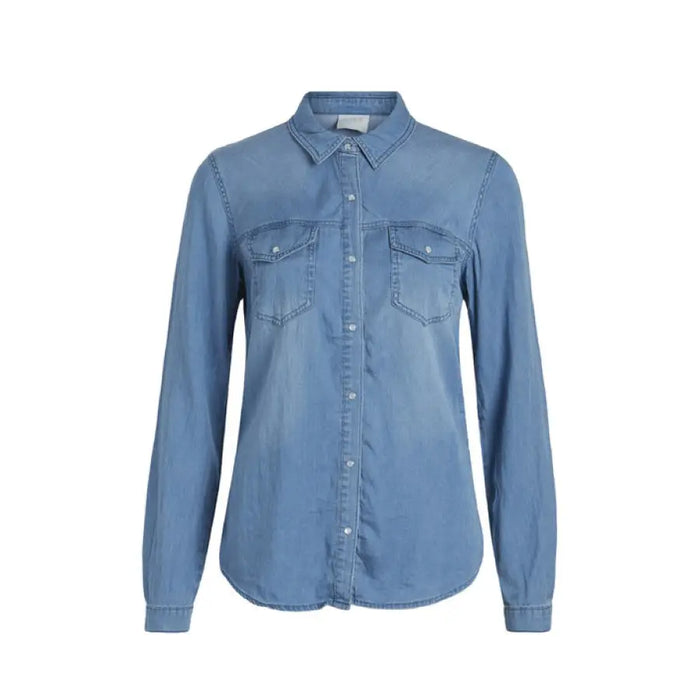 Light blue denim button-up shirt with long sleeves and two chest pockets by Vila Clothes