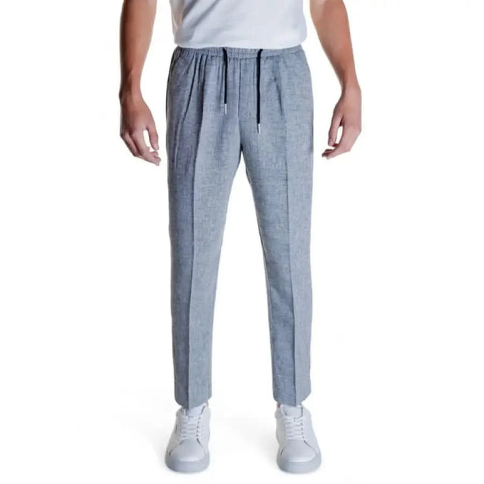 Antony Morato Men Trousers: Light blue-gray drawstring, tapered leg design