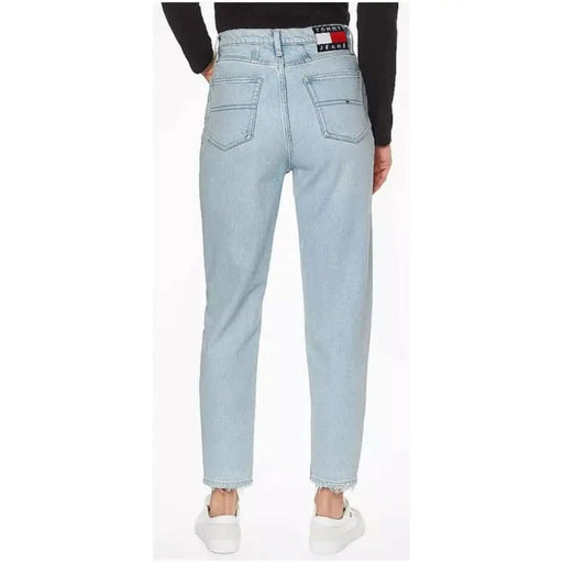 Light blue high-waisted Tommy Hilfiger jeans for women with a logo patch on back waistband