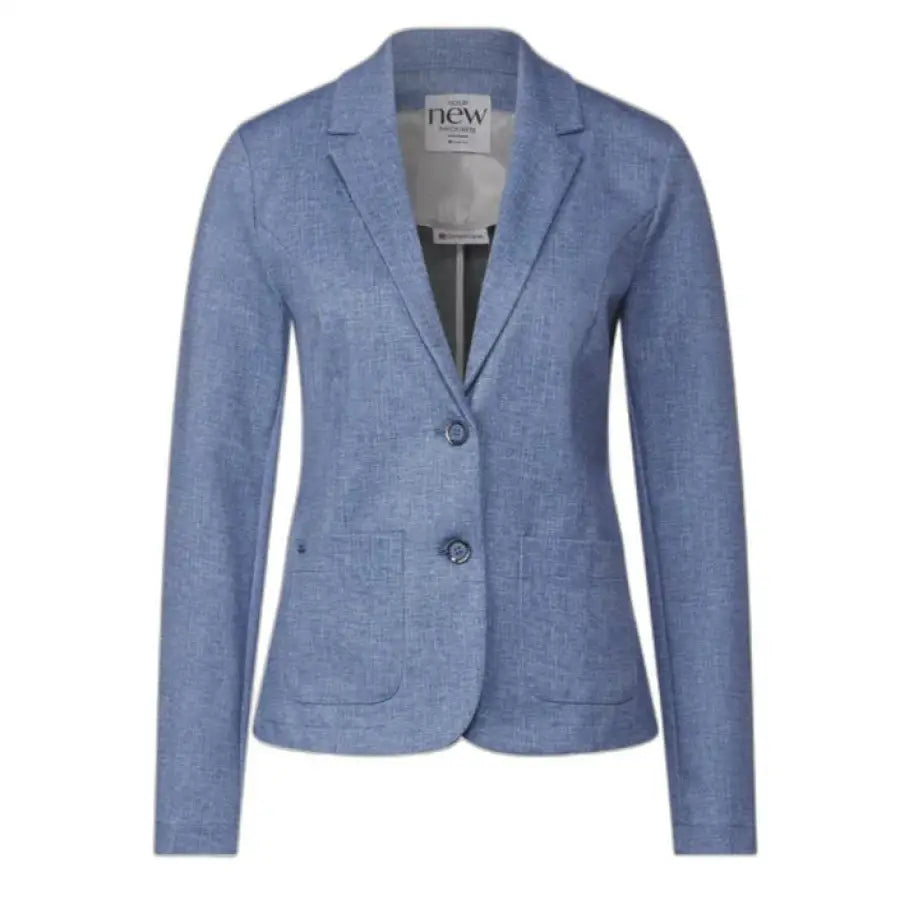 Light blue linen blazer with two buttons and patch pockets from Street One Women’s collection
