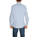 Tommy Hilfiger men’s light blue and white striped button-up dress shirt, back view