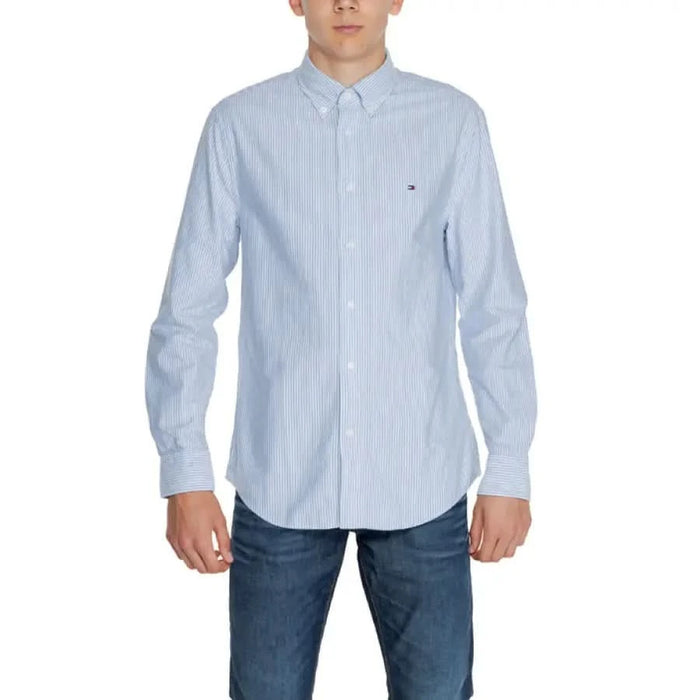 Tommy Hilfiger Men Shirt - Light blue and white striped button-down with chest logo