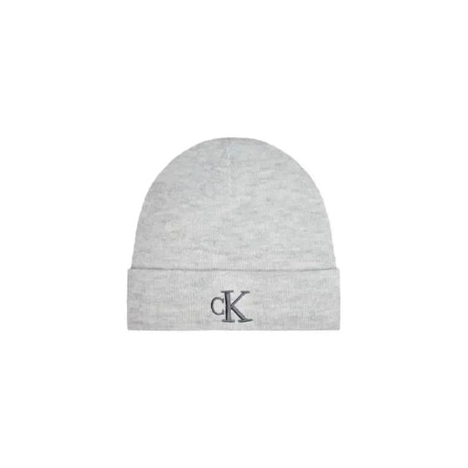 Light gray knit beanie with CK logo on the cuff, featured in Calvin Klein Women Cap