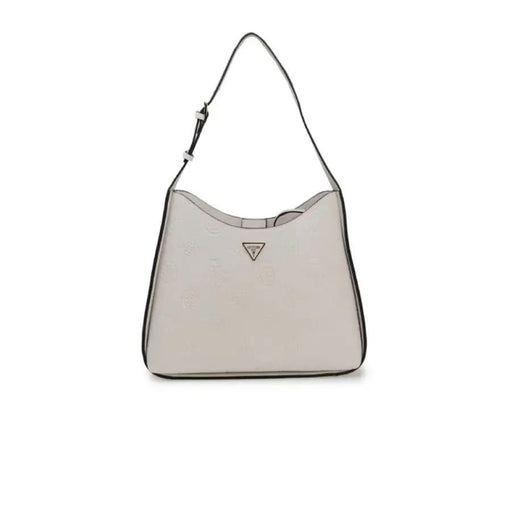 Light gray leather handbag with triangular logo and shoulder strap from Guess Women Bag