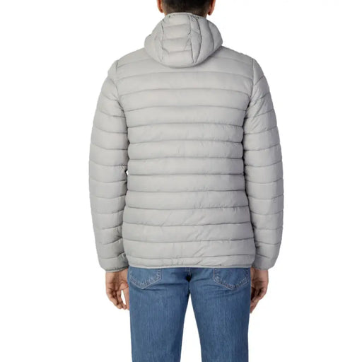 Light gray quilted puffer jacket with horizontal stitching, viewed from the back