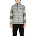 Light gray quilted puffer vest with black zipper and knit sweater sleeves by Gianni Lupo