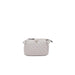 Light gray quilted Guess handbag featuring a triangular metal logo