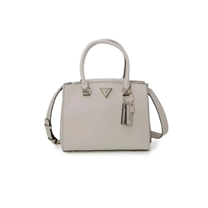 Light gray structured handbag with top handles and shoulder strap by Guess