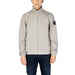 Light gray zip-up jacket with collar and sleeve patch from Calvin Klein Men’s collection