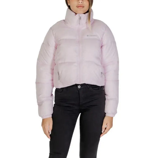 Light pink cropped puffer jacket with high collar and zip front from Columbia Women Jacket