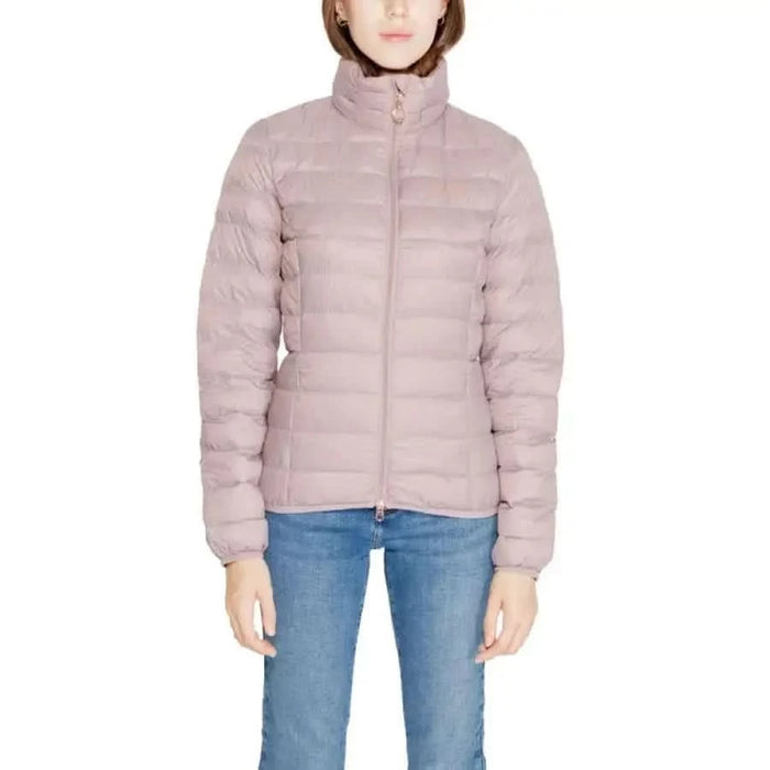 Light pink quilted puffer jacket with high collar and full-length zipper by Ea7