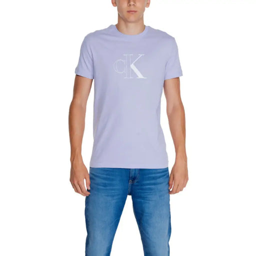 Light purple Calvin Klein T-shirt featuring white CK logo for men from Calvin Klein Jeans