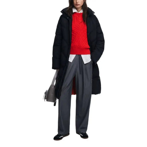 Long black winter coat over red sweater and gray trousers by Desigual Women Jacket