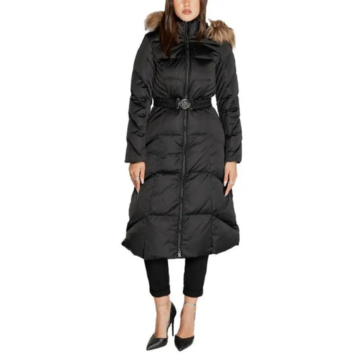 Long black winter coat with fur-trimmed hood and belted waist by Guess Women Jacket