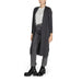 Long charcoal gray cardigan over light gray top and dark pants with chunky black boots