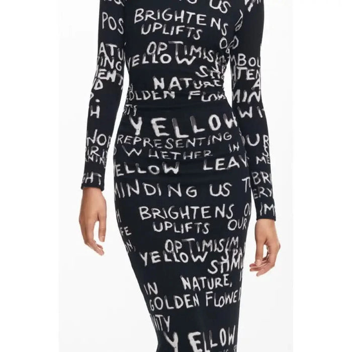 Desigual Women’s Dress: Long-sleeved, form-fitting black dress with white text print