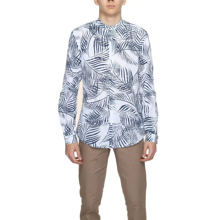 Long-sleeved blue and white palm leaf print shirt by Antony Morato for men