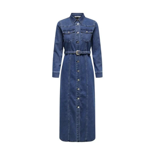 Long-sleeved denim maxi dress with button front and belted waist by Only Women