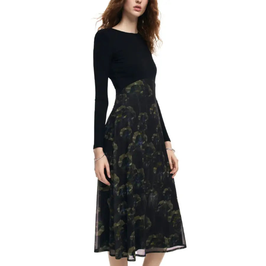 Desigual Women’s Dress: Black top and dark floral skirt long-sleeved dress
