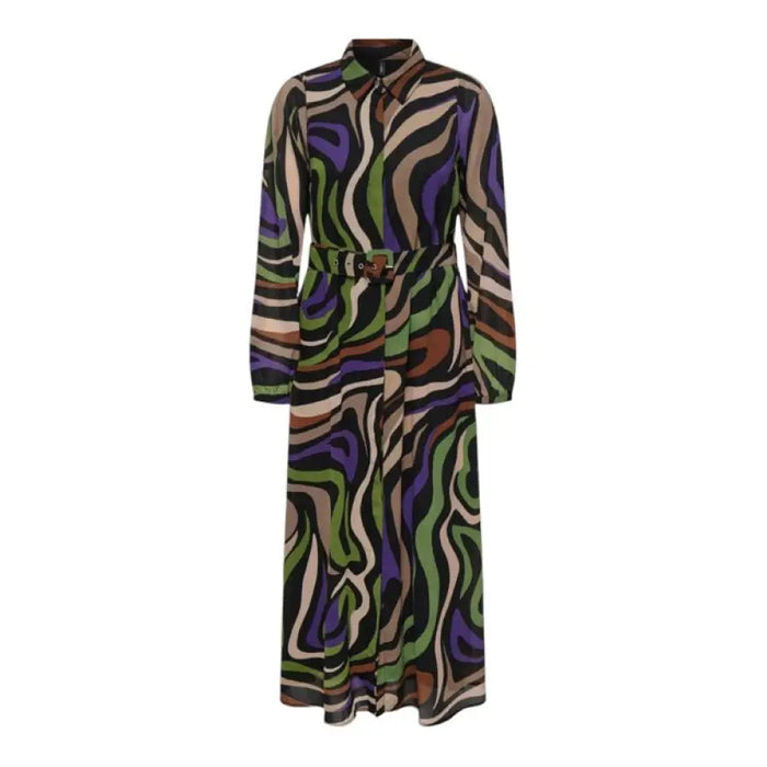 Long-sleeved shirt dress by Only featuring a colorful wavy pattern and belted waist