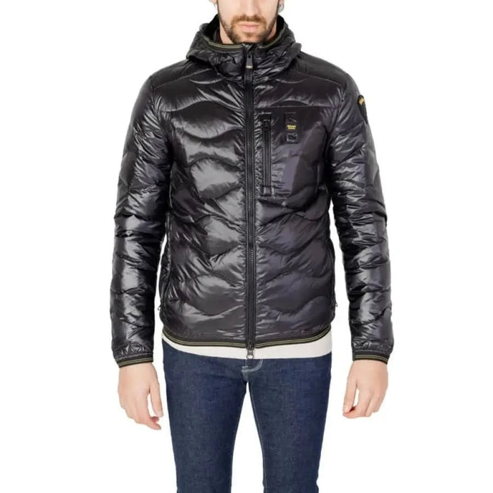 Man modeling Blauer Men Jacket in stylish black, perfect for blauer blauer enthusiasts.