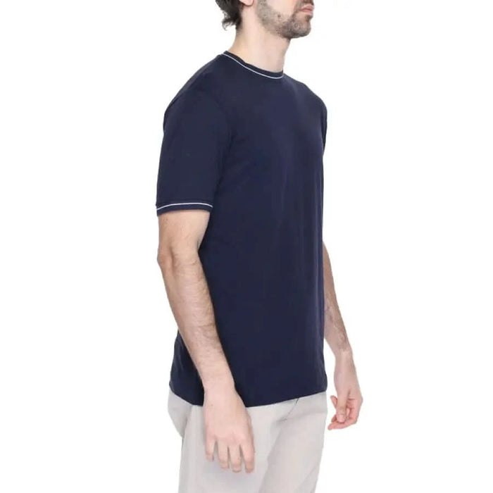 Urban style: Man in navy T-shirt and khaki pants modeling Hamaki-ho Men Clothing