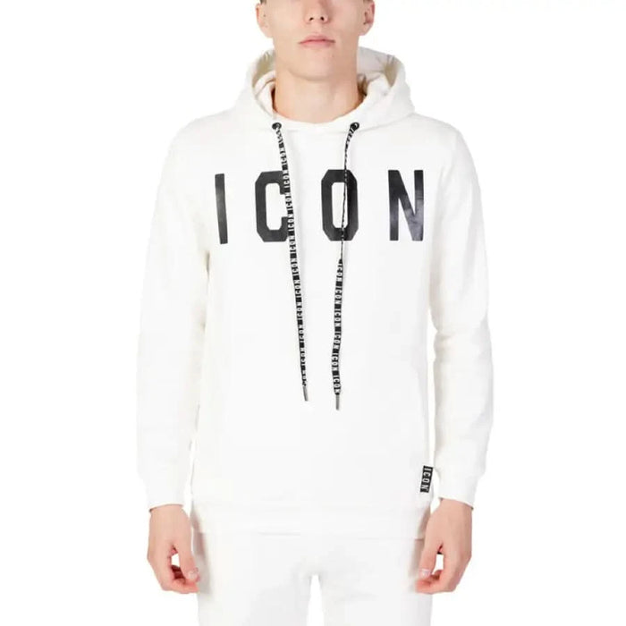 Man in Icon white hoodie showcasing urban city style fashion