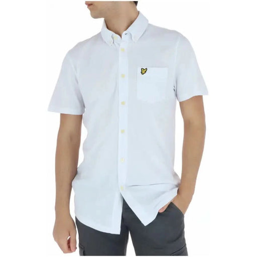 Lyle & Scott men shirt featuring a man in white with a yellow logo on the chest