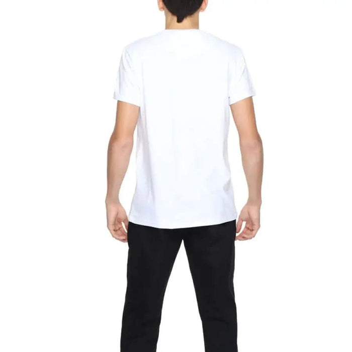 Man Wearing Alviero Martini Prima Classe White T-Shirt and Black Pants