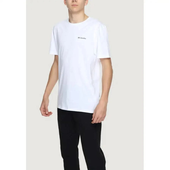 Man wearing Columbia Men T-Shirt, white and black pants, urban style clothing