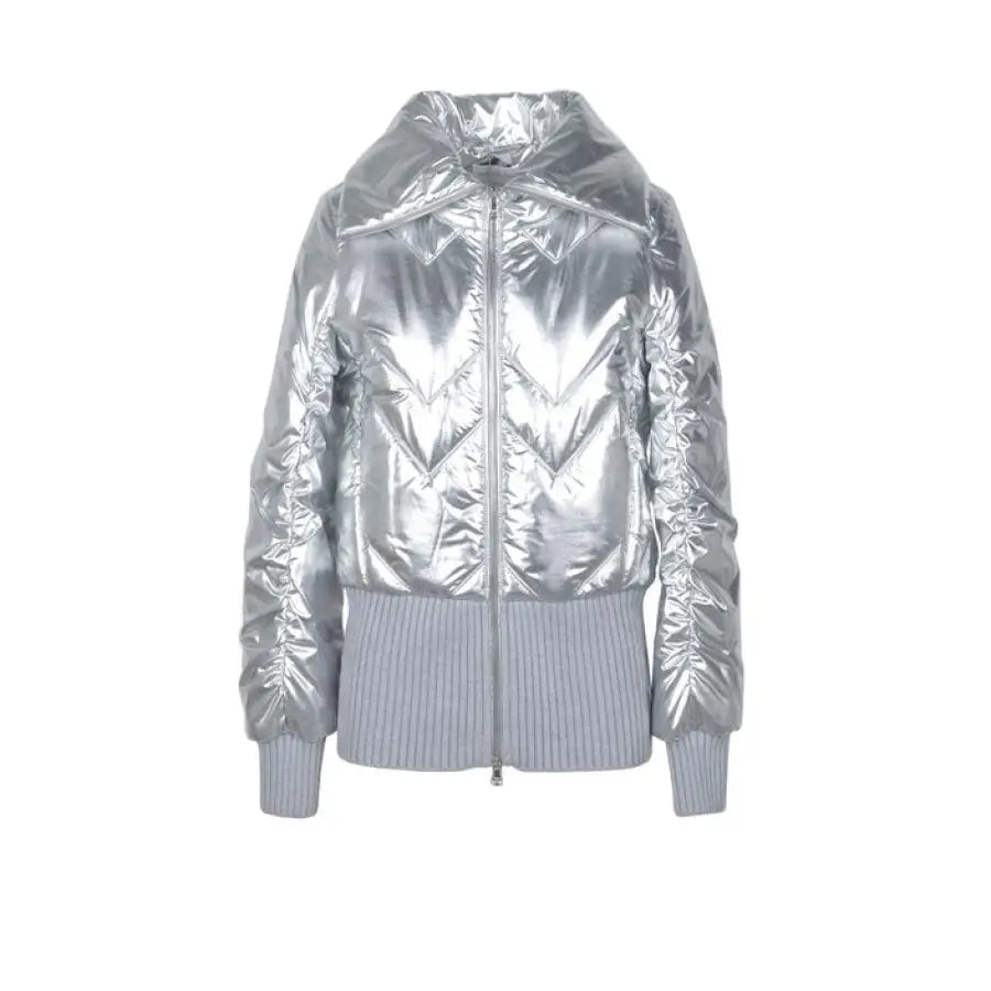 Metallic silver puffer jacket with ribbed knit waistband and hood by Patrizia Pepe